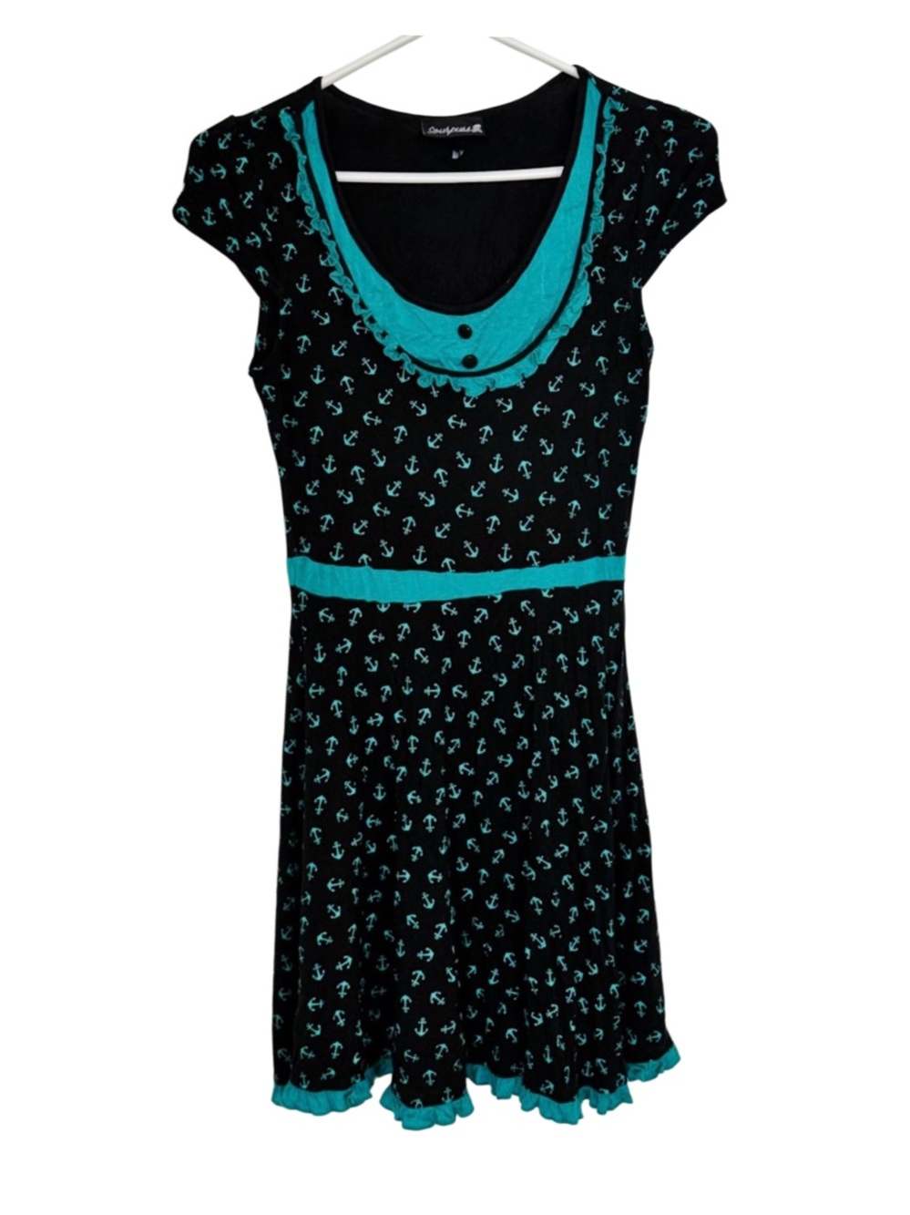 Sourpuss Black Mini Dress with Teal Anchor Print